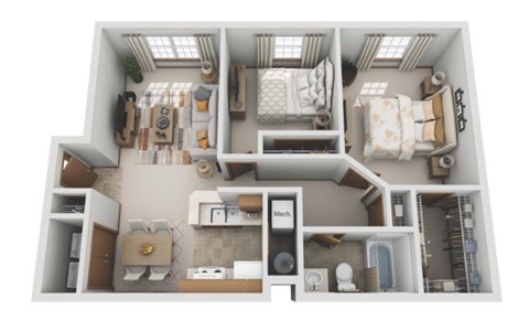A 3D floor plan of a small apartment with a kitchen, living room, and bathroom.